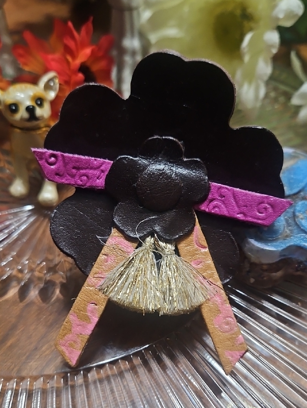 Hand Crafted Genuine Leather Tooled Floral Dog Collar Charm NEW